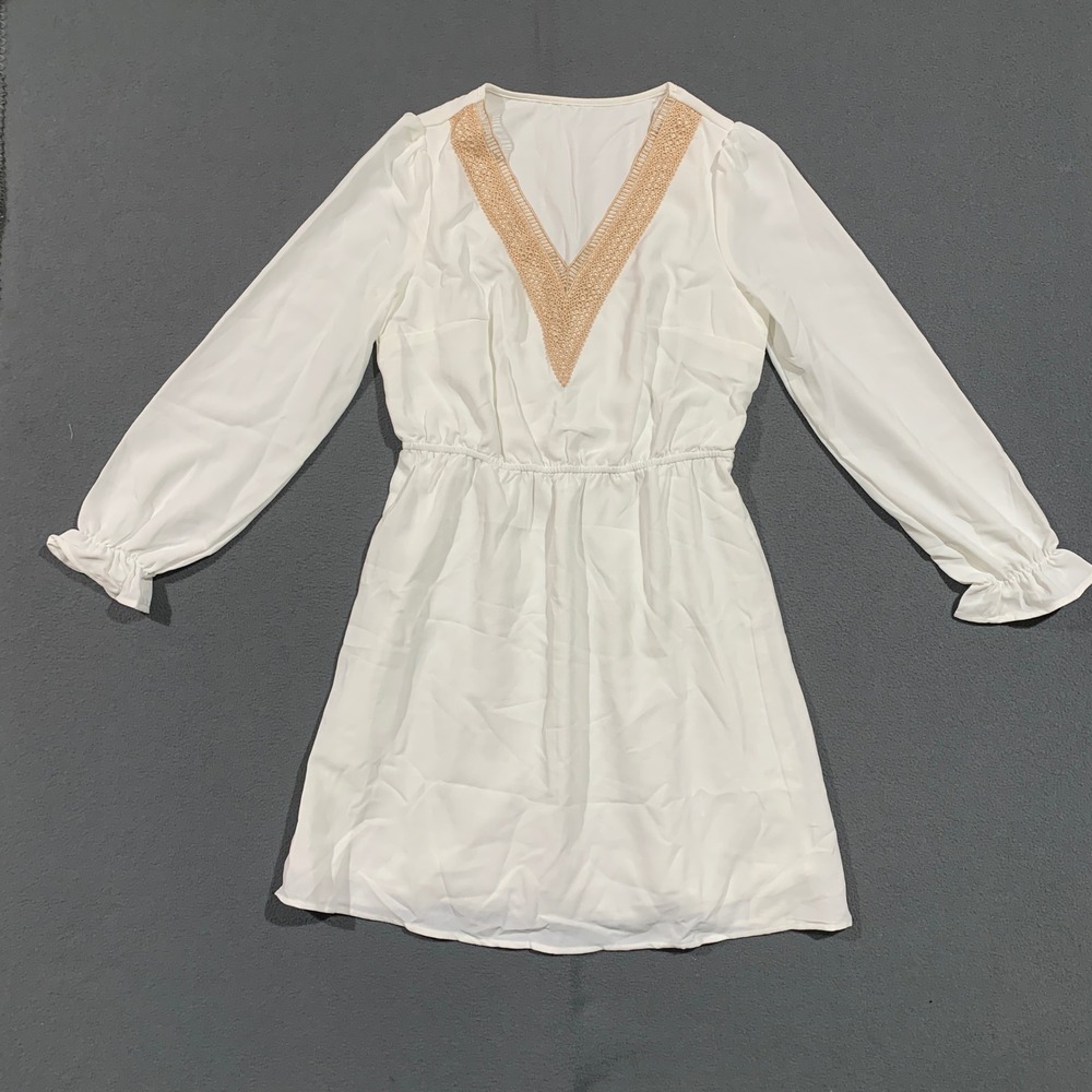CUPSHE White V Neck‎ Long Sleeve Cinched Waist Mini Dress Size Small